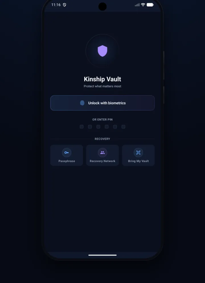 The Kinship Vault lock screen on Android, with biometric unlock, a PIN, and recovery options