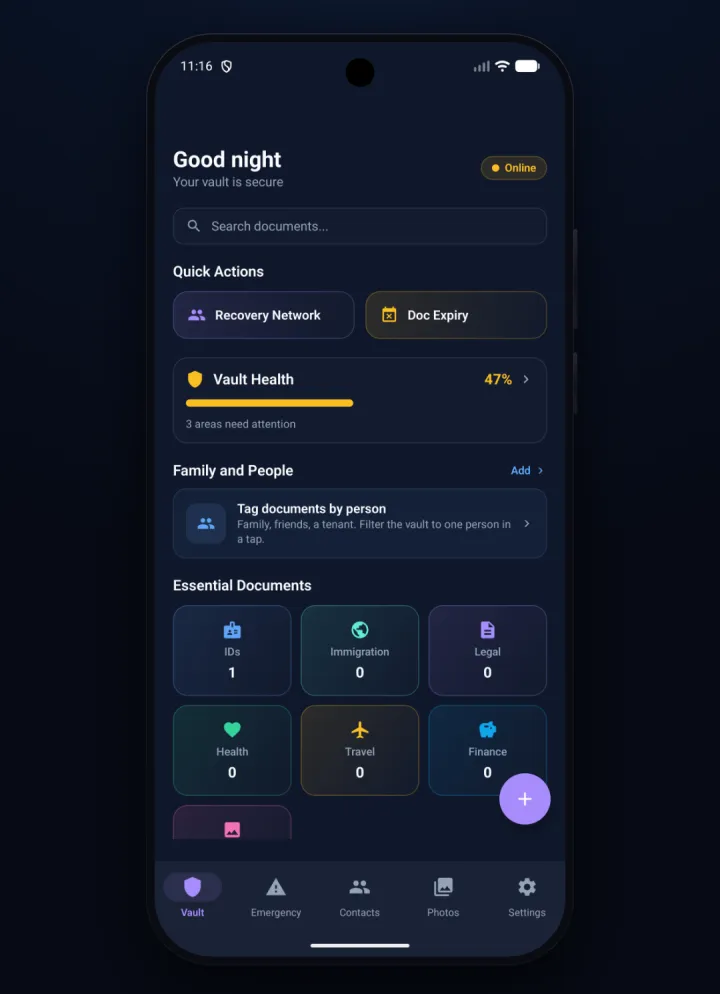 Kinship Vault on Android: the vault home with quick actions, vault health, family, and essential document categories