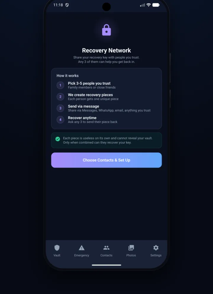 The Recovery Network screen on Android, explaining how a recovery key is split across trusted people so any three can help you back in