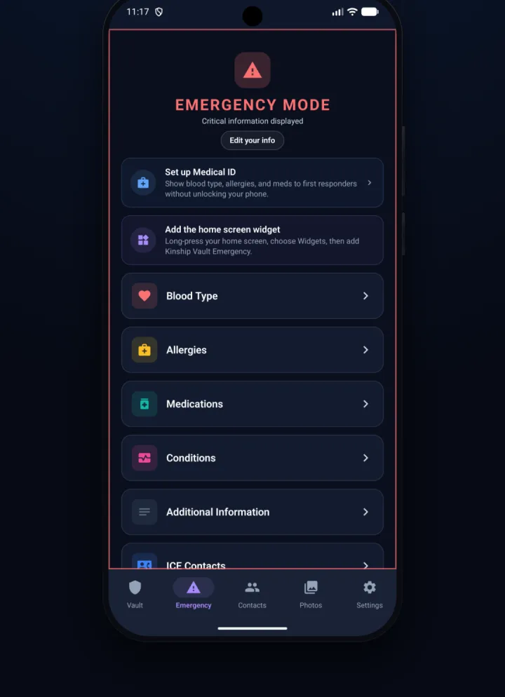 Emergency Mode on Android, showing Medical ID setup with blood type, allergies, medications, conditions, and ICE contacts