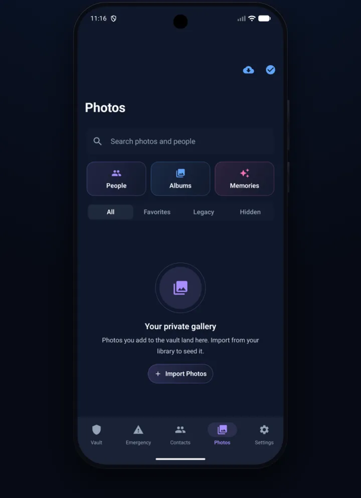 The Photos screen on Android, a private encrypted gallery with People, Albums, and Memories