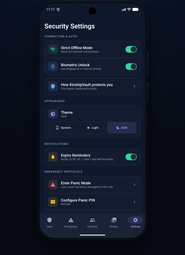The Security Settings screen on Android, with Strict Offline Mode, biometric unlock, appearance, expiry reminders, and panic controls