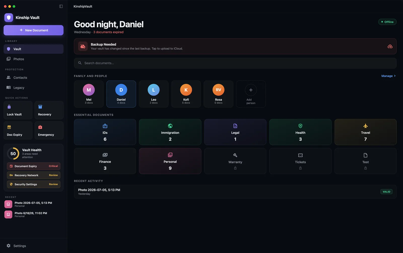 Kinship Vault on macOS: a sidebar with quick actions and vault health, beside essential document categories and family members