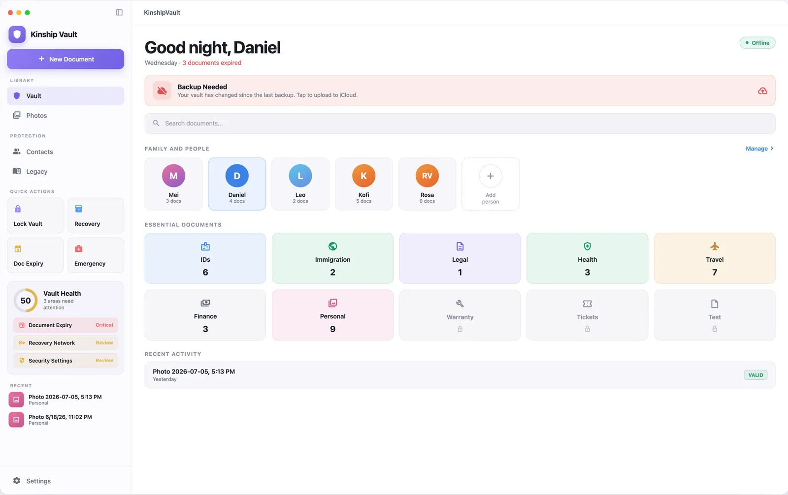 Kinship Vault on macOS in light appearance, showing the dashboard