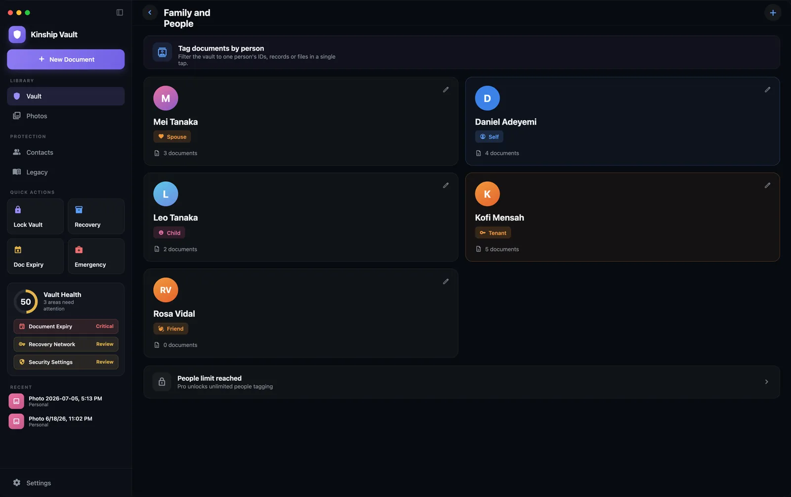 The Family and People screen on macOS, with person cards for each family member