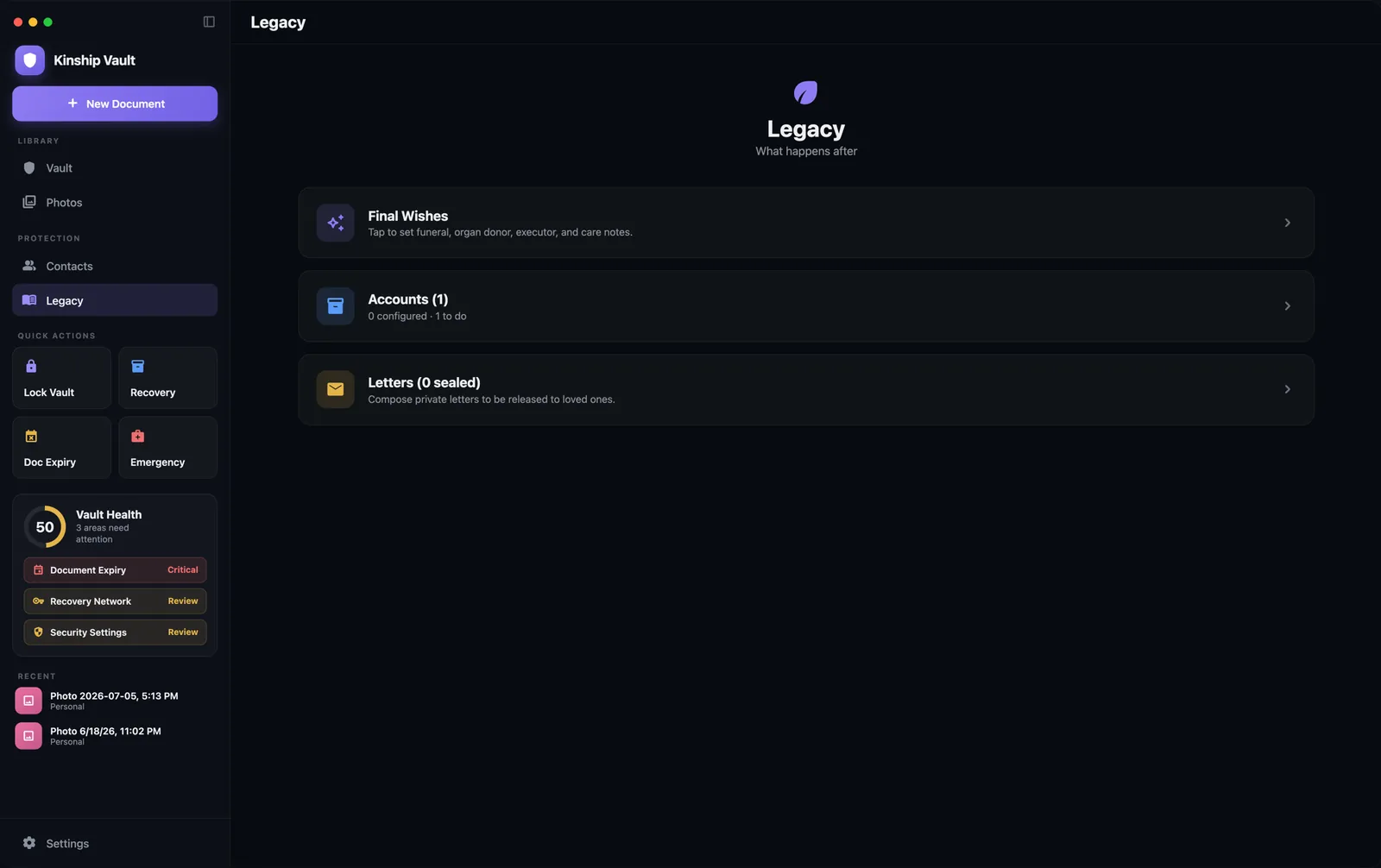 The Legacy screen on macOS, with final wishes, accounts, and sealed letters