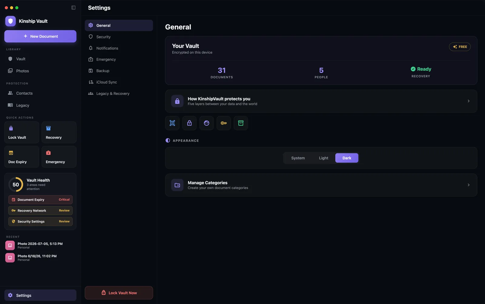 Kinship Vault macOS settings window with the System, Light, and Dark appearance picker