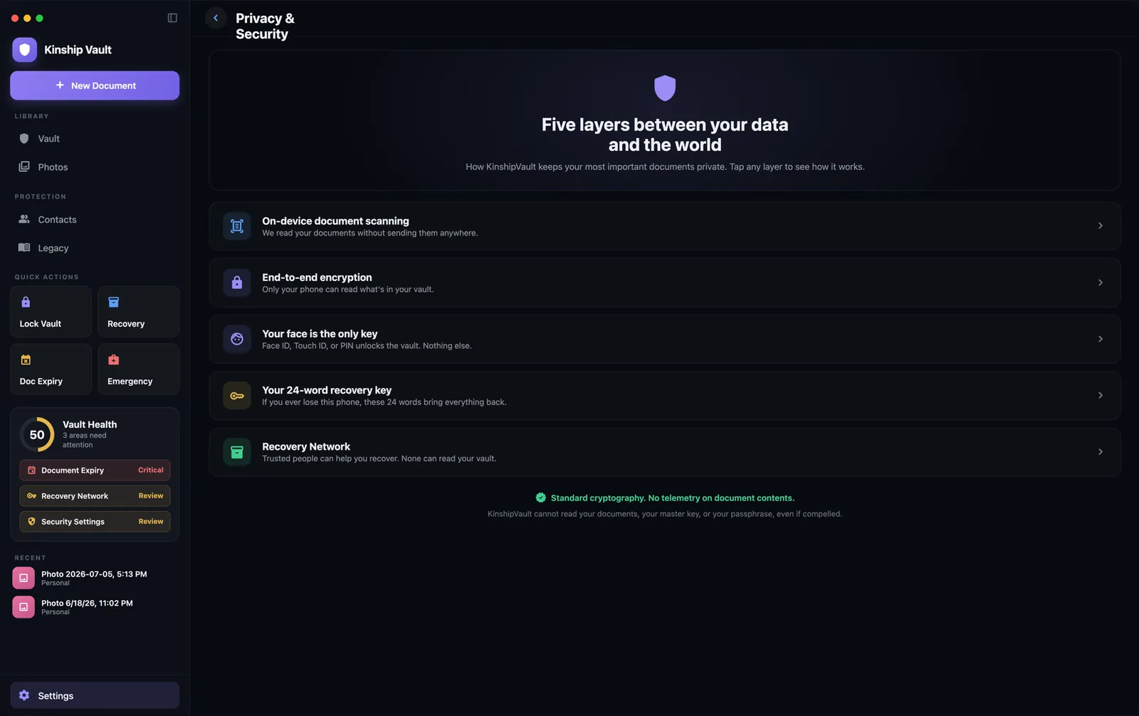 The Privacy and Security screen on macOS, listing the five layers between your data and the world