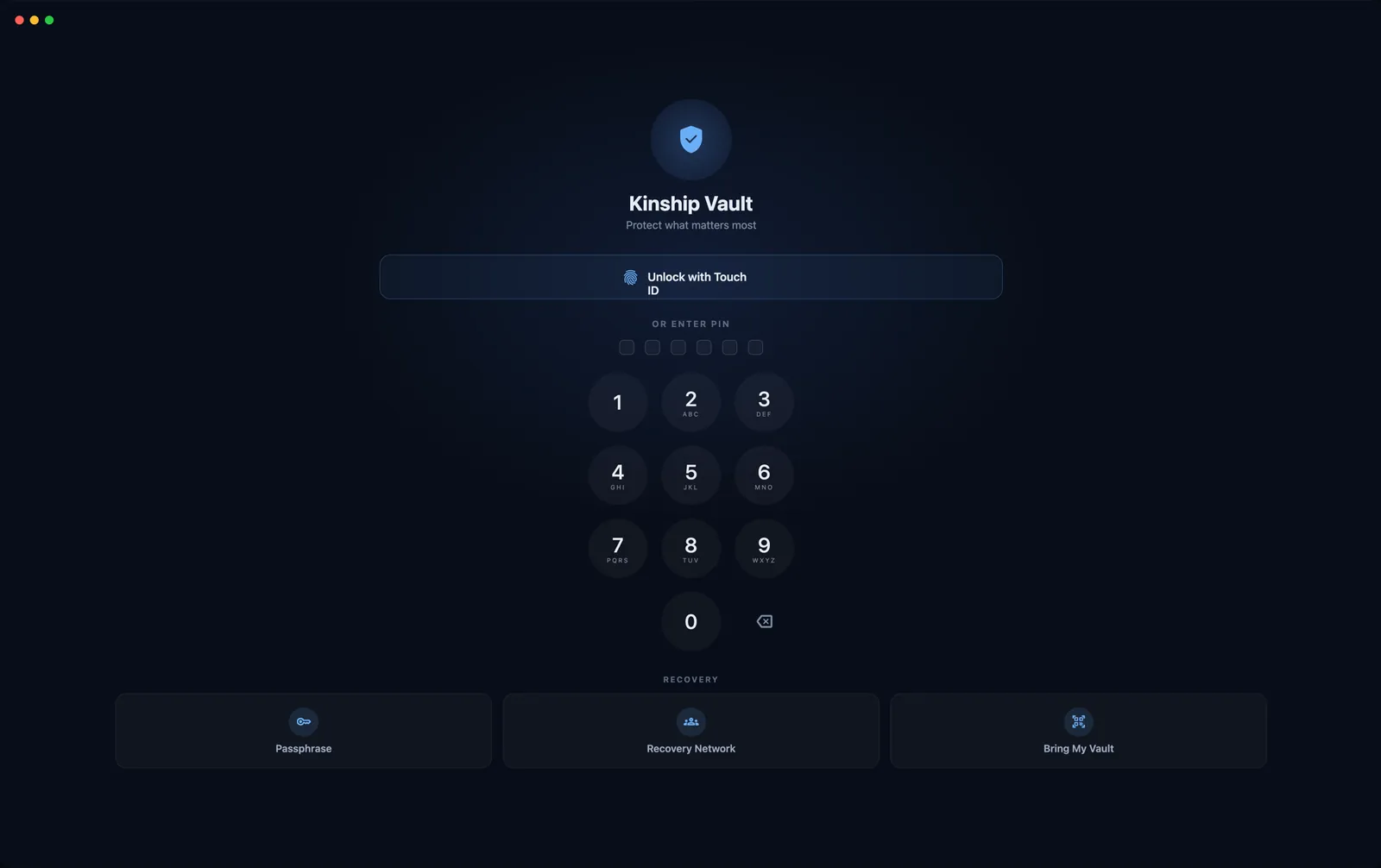 The Kinship Vault Mac lock screen with Unlock with Touch ID, a PIN keypad, and Passphrase, Recovery Network, and Bring My Vault options