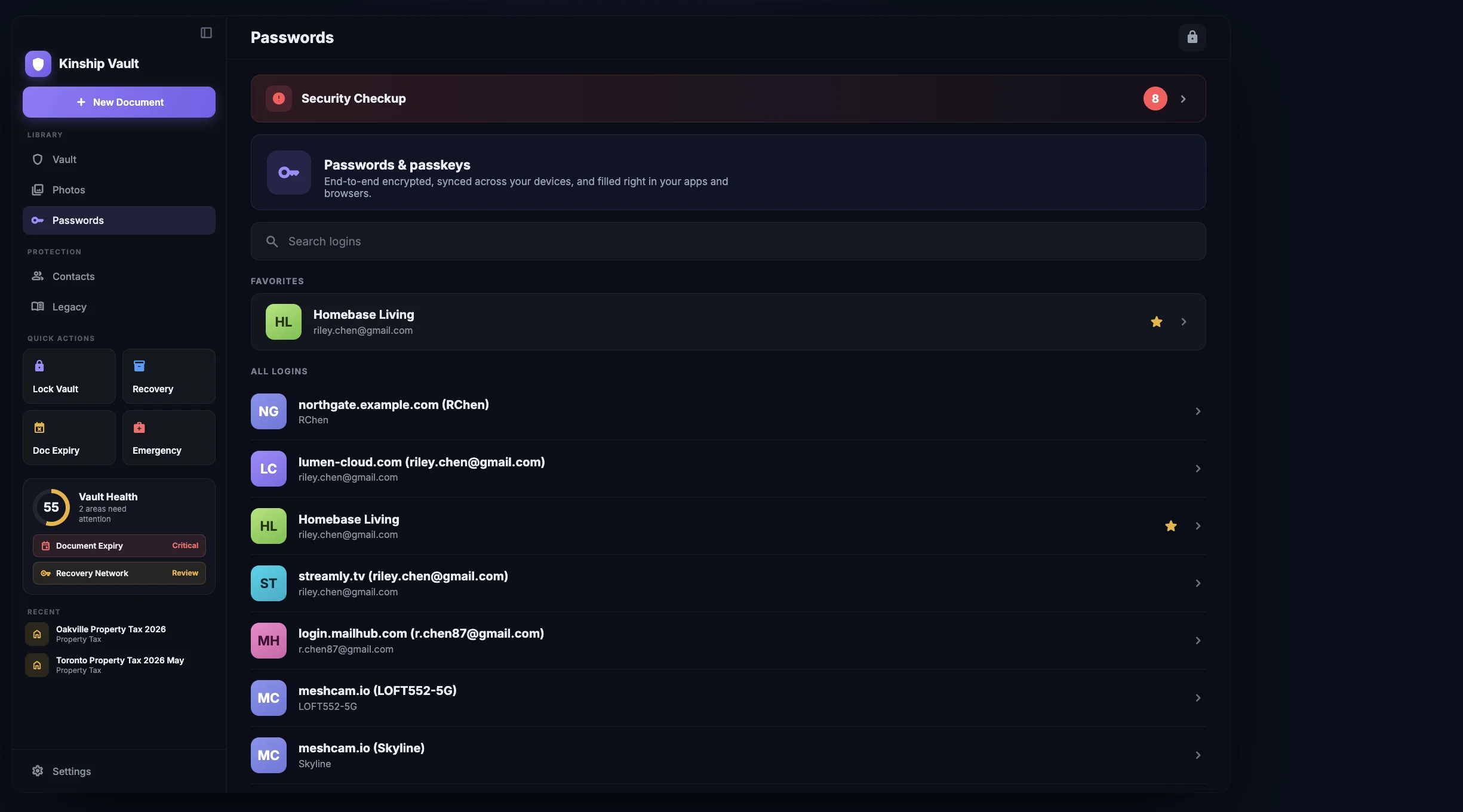 Mots de passe Kinship Vault sur macOS : favoris, tous les identifiants et une bannière de Bilan de sécurité dans l'application à barre latérale