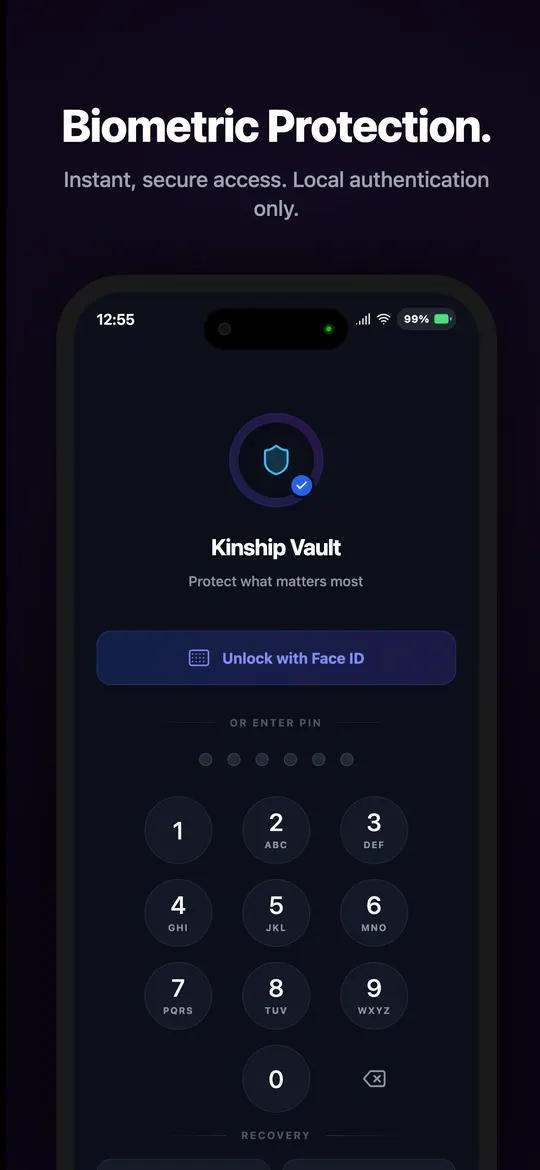 Kinship Vault biometric unlock screen with Face ID and PIN keypad