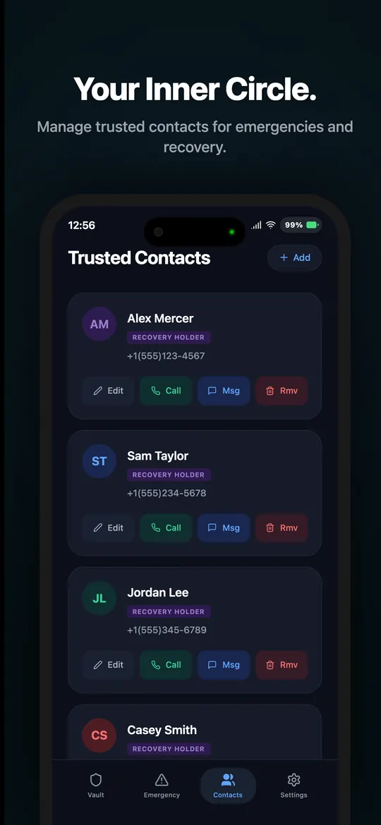 Trusted contacts list with recovery holders
